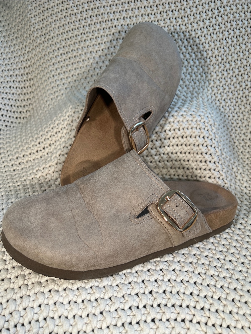 Time and Tru Taupe Suede Slip-On Clogs with Buckle